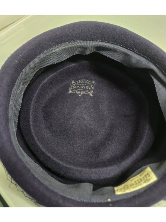 Vintage Glenover Hat Ribbon Veil pillbox Navy Blue Felt formal  derby party main image 7
